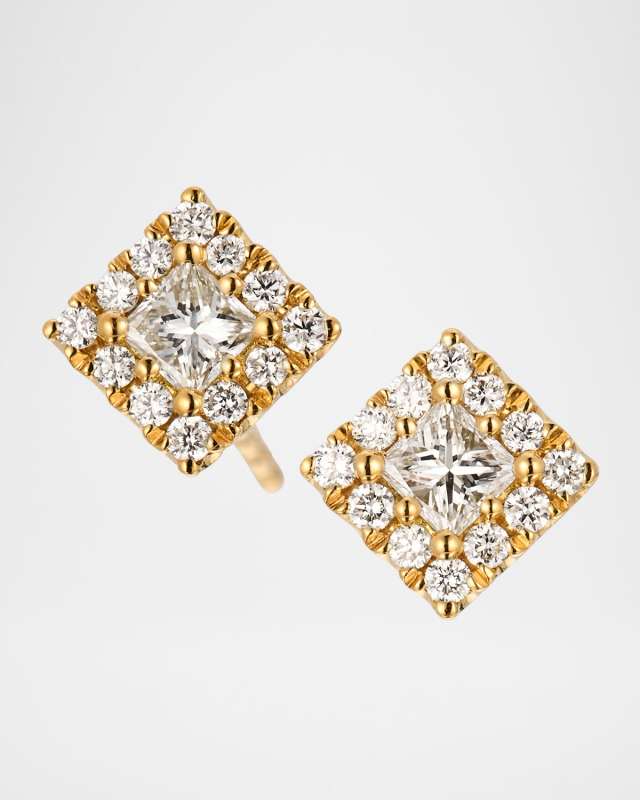 18K Yellow Gold Square Diamond Pave Stud Earrings
